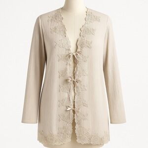 Vintage Floral Lace Textured Cardigan Sz L Tan Embellished Romantic Regency Long